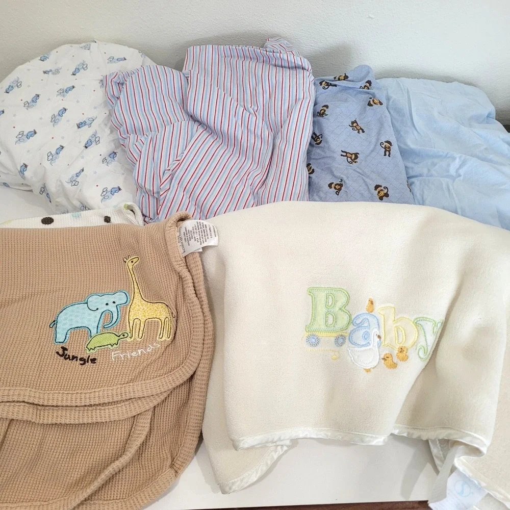Baby Blanket & Crib Sheet Lot Koala Baby‎ SpaSilk Blue Tan White 6pc Set